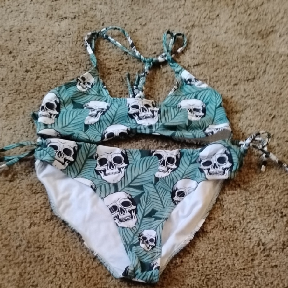 Girls Skull Print Green Bikini Set - Kids Swim